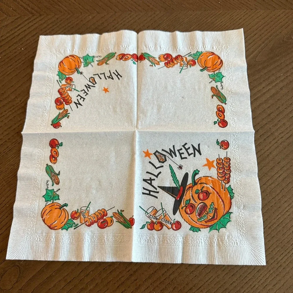 Vintage Halloween Paper Cake Napkin Mid Century Jack O Lantern Pumpkin Witch
